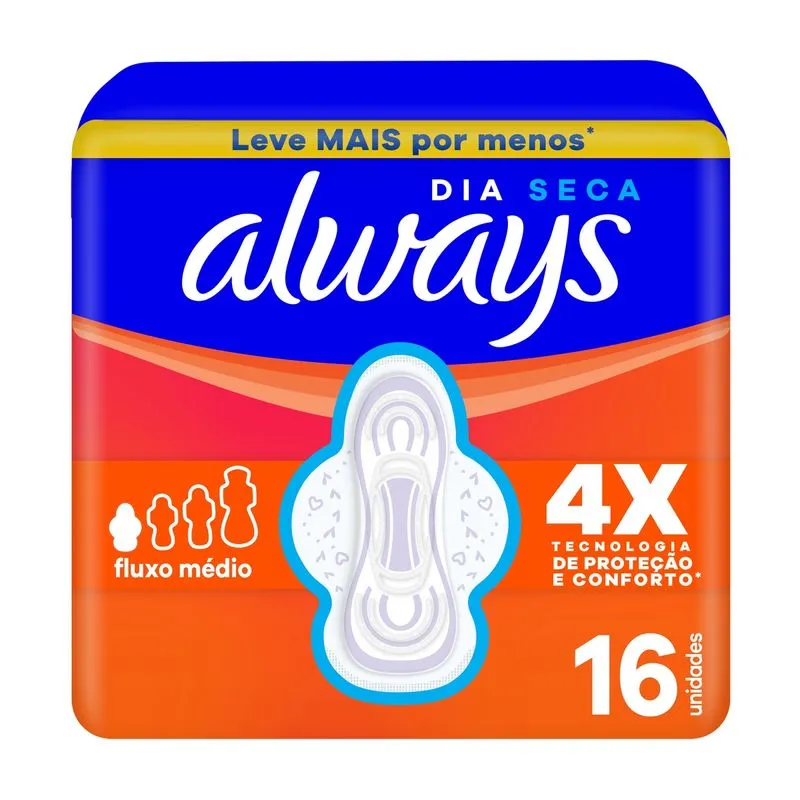 Absorvente Always Dia Seca com Abas Fluxo Médio 16 Unidades