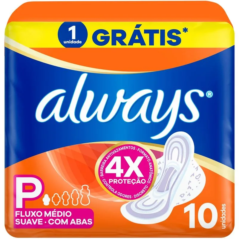 Absorvente Always Fluxo Médio Suave Com Abas 10 Unidades