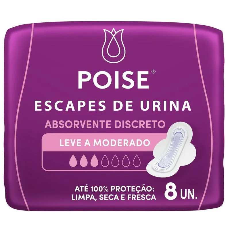 Absorvente Poise Escapes de Urina Discreto com Abas Fluxo Leve e Moderado 8 Unidades