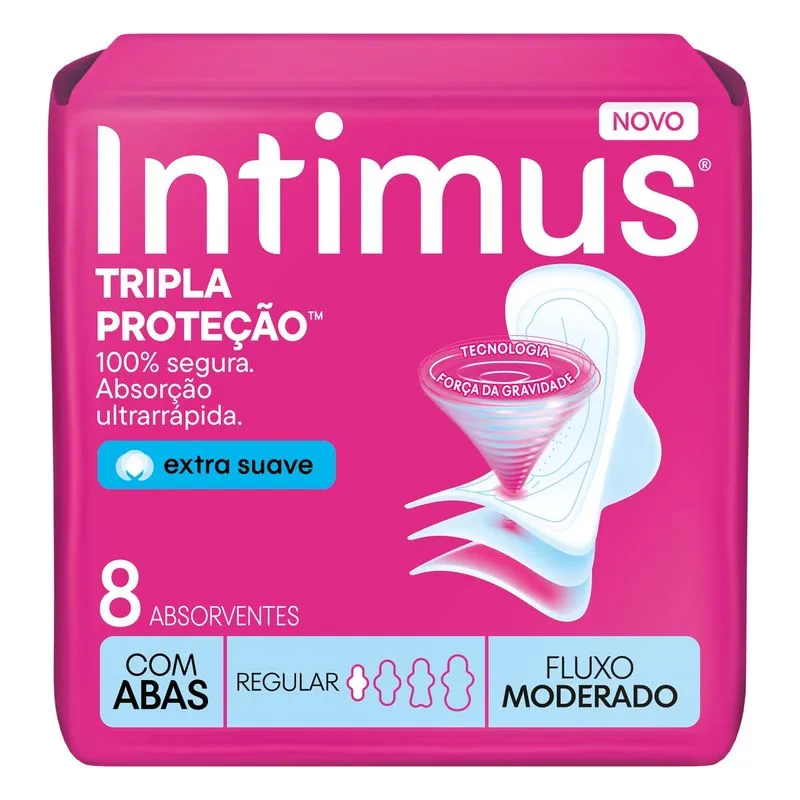 Absorvente Intimus Tripla Proteção Cobertura Extra Suave com Abas Fluxo Médio 8 Unidades