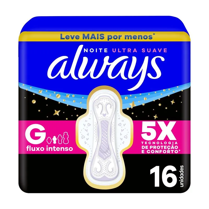 Absorvente Always Noite Ultra Suave com Abas Fluxo Intenso 16 Unidades