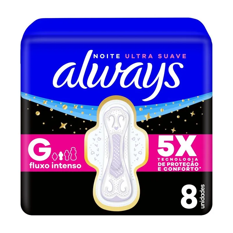 Absorvente Always Noite Ultra Suave com Abas Fluxo Intenso 8 Unidades