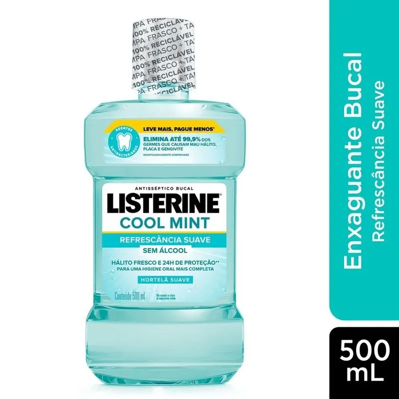Antisséptico Bucal Listerine Cool Mint Refrescância Suave Zero Álcool Sabor Hortelã Suave 500ml