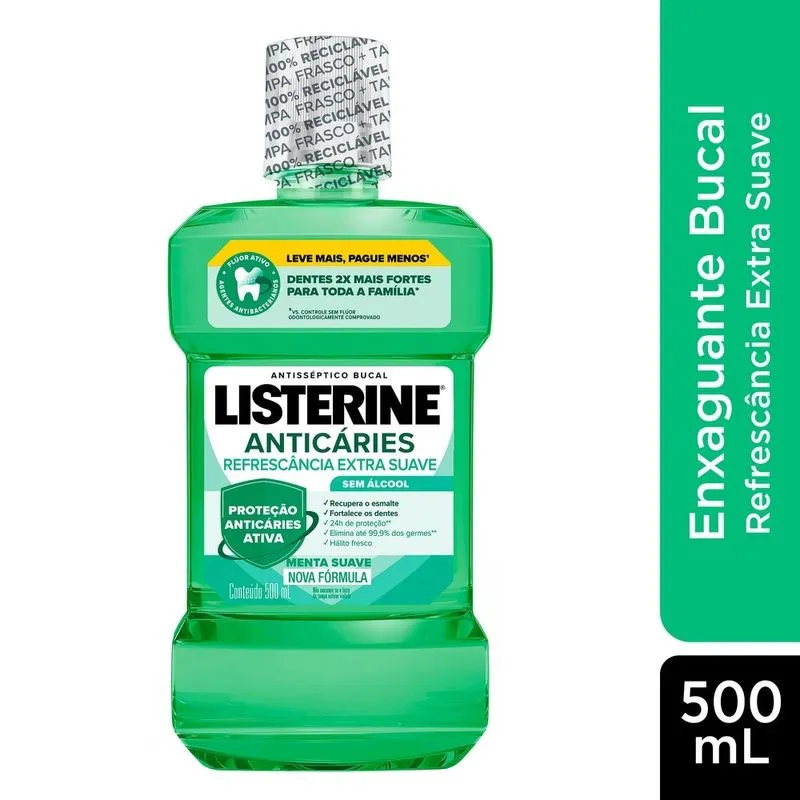 Antisséptico Bucal Listerine Anticáries Zero Álcool Refrescância Extra Suave Sabor Menta Suave 500ml