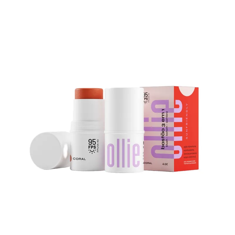 Protetor Solar em Bastão 3 em 1 Ollie Blush, Batom e Sombra FPS95 Coral 4,5g