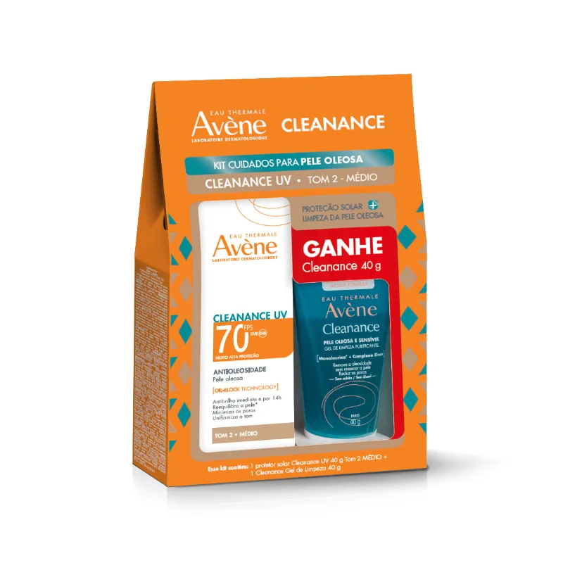 Kit Protetor Solar Facial Avène Cleanance Antioleosidade FPS70 Tom 2 Médio 40g 1 Unidade + Gel de Limpeza Avène Cleanance Purificante 40g 1 Unidade