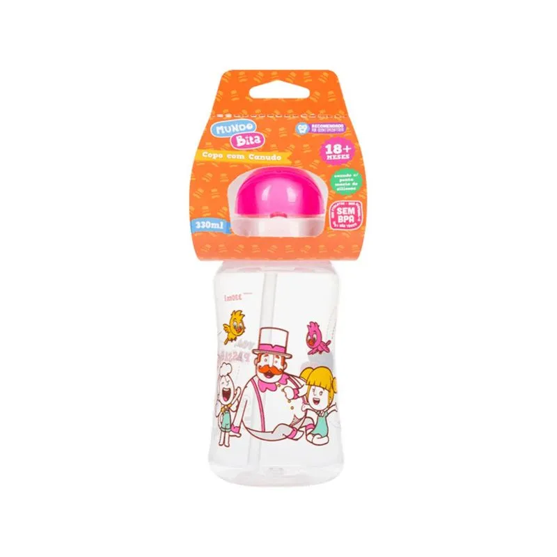 Copo Infantil Lolly Mundo Bita +18 meses com Canudo Rosa 330ml 1 Unidade
