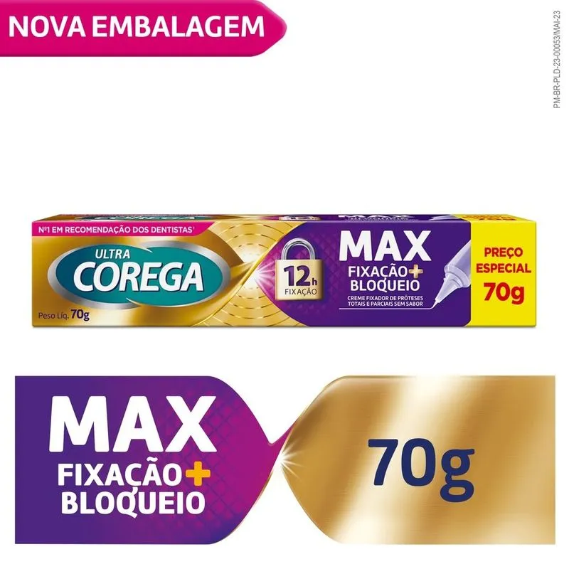 Fixador de Prótese Ultra Corega Max Fixação + Bloqueio Sem Sabor Creme 70g