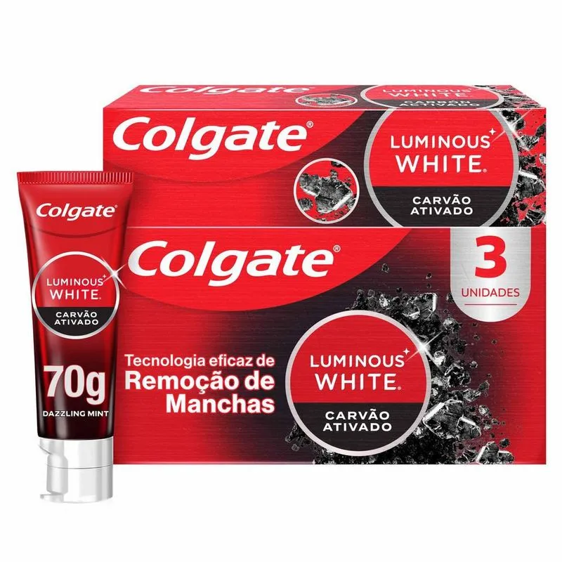 Kit Creme Dental Colgate Luminous White Carvão Ativado Clareador 70g 3 Unidades
