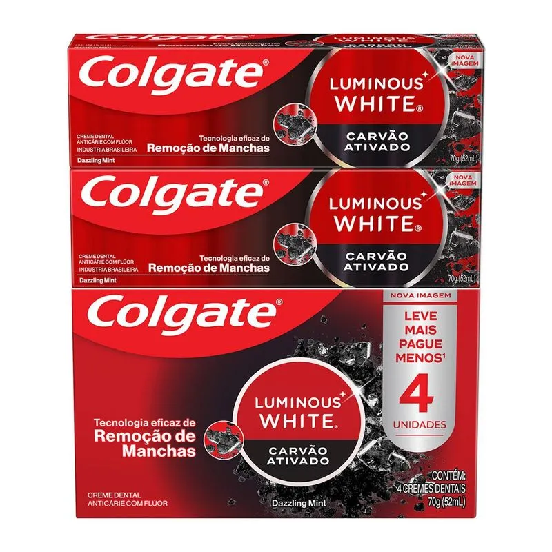 Creme Dental Colgate Luminous White Carvão Ativado 70g - 4 Unidades