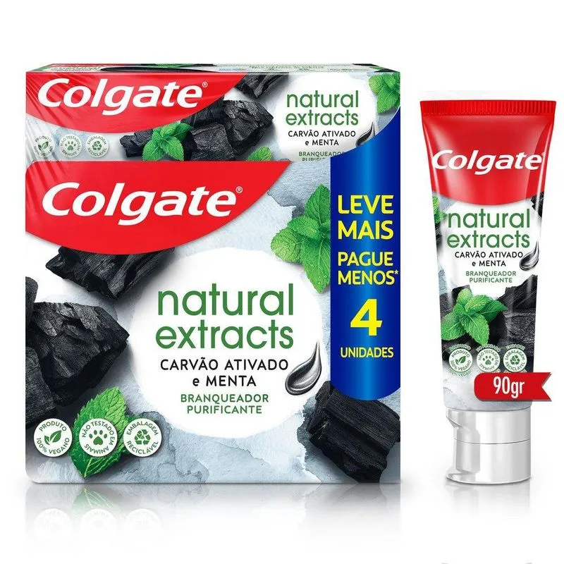 Colgate Creme Dental Clareador Natural Extracts Carvão Ativado 90g, 4 Unidades, Clareamento Dental com Extratos Naturais, Sorriso Mais Branco