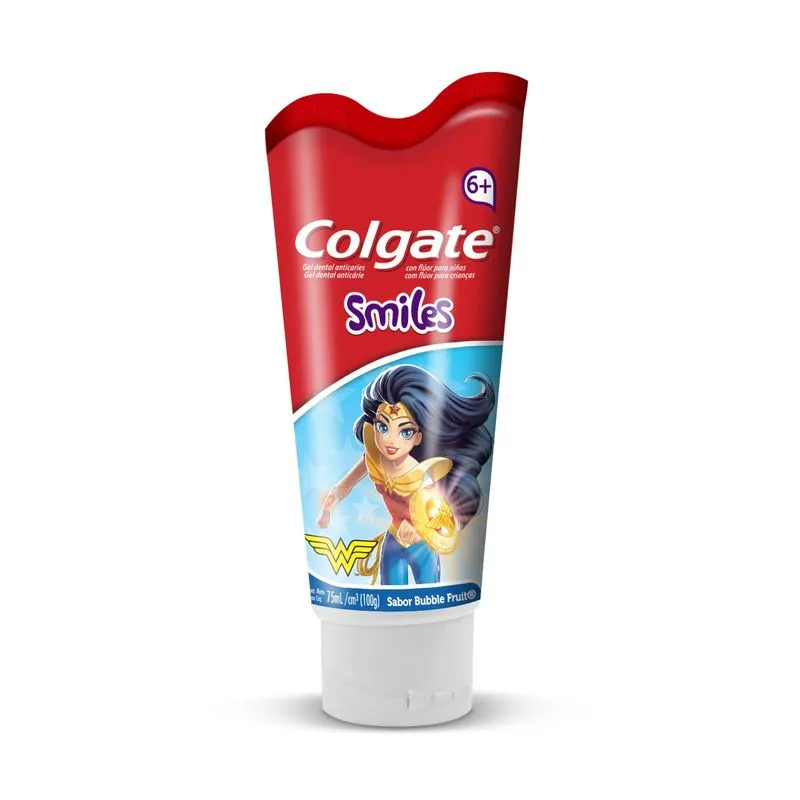 Creme Dental Infantil Colgate Smiles Batman & Mulher-Maravilha Anticáries Com Flúor +6 anos Sabor Bubble Fruit 100g