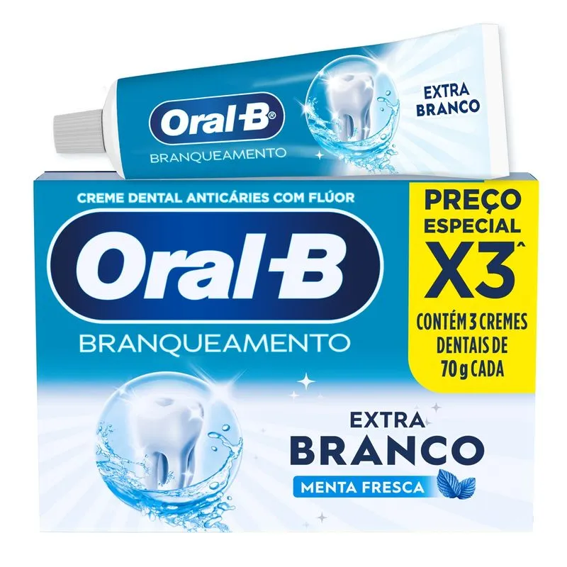 Creme Dental Oral-B Extra Branco Com Flúor 3 Unidades 70g Cada Preço Especial