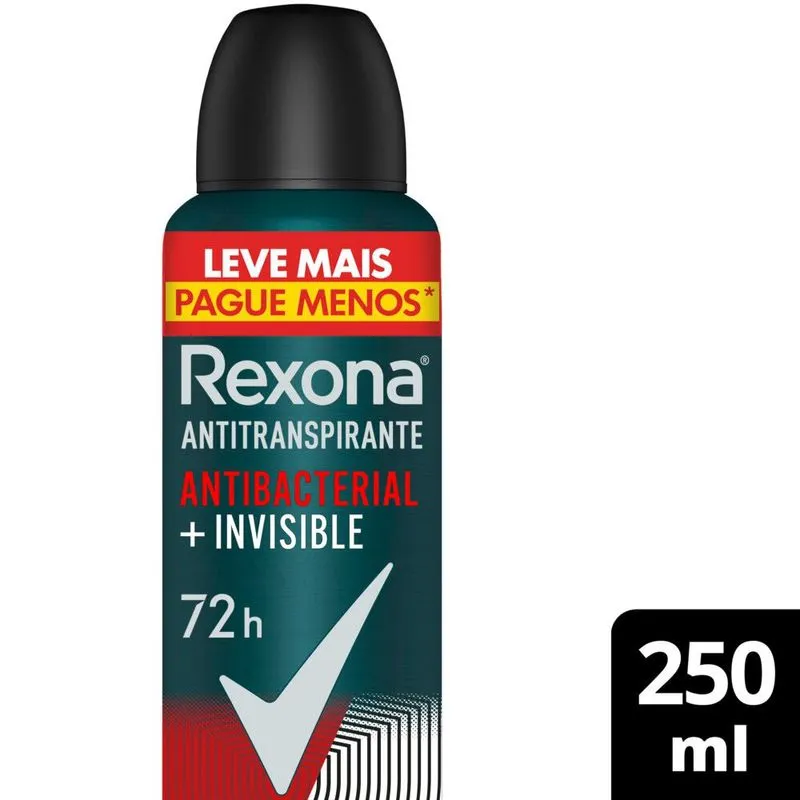 Desodorante Antitranspirante Rexona Men Antibacterial + Invisible 72h Aerossol 250ml