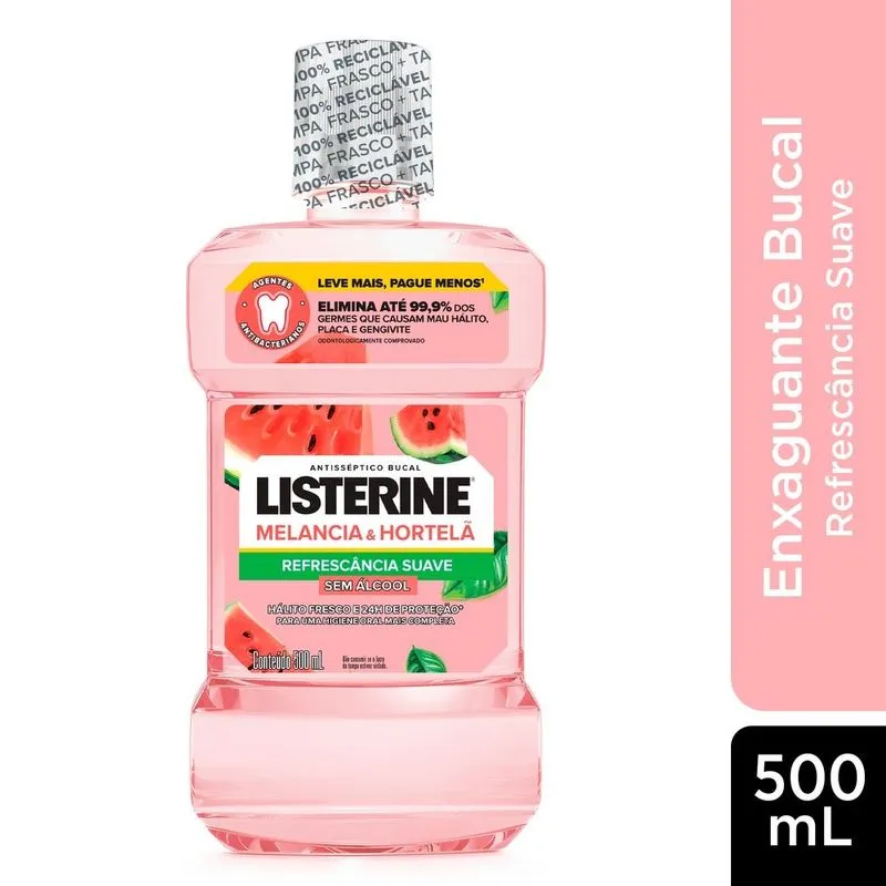 Antisséptico Bucal Listerine Melancia & Hortelã Refrescância Suave Sem Álcool 500ml