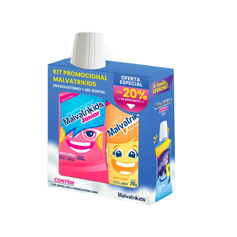 Kit Malvatrikids Enxaguante Bucal Infantil Júnior Anticárie 250ml + Gel Dental Infantil F-Intantil Anticárie 70g Oferta Especial 20% de Desconto