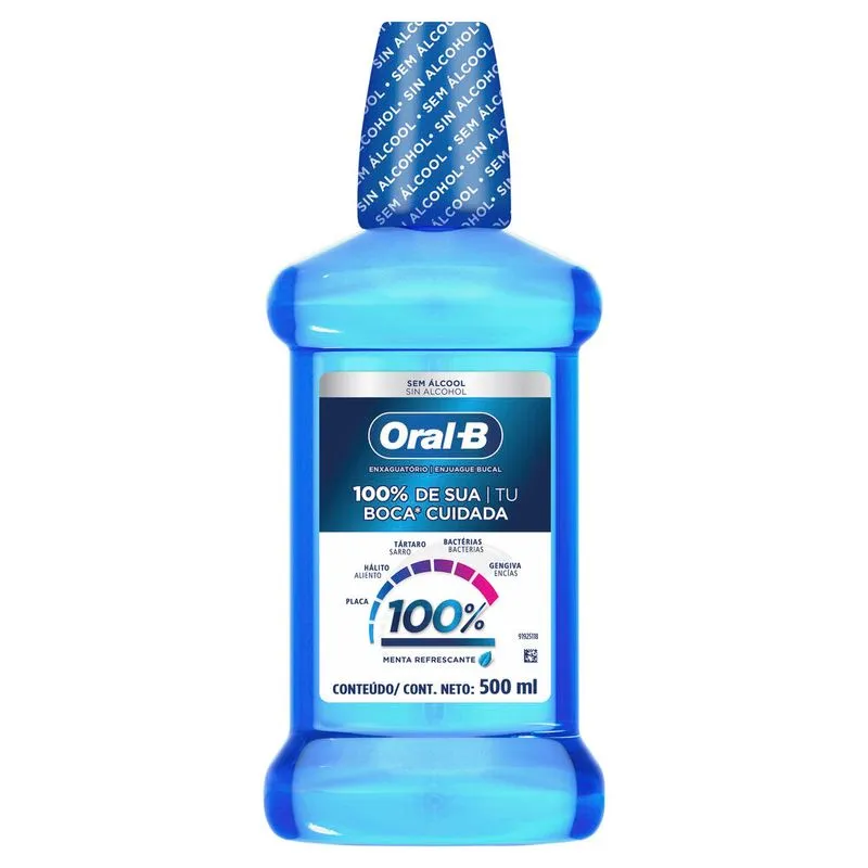 Enxaguante Bucal Oral-B 100% de Sua Boca Cuidada Sem Álcool Sabor Menta Refrescante 500ml