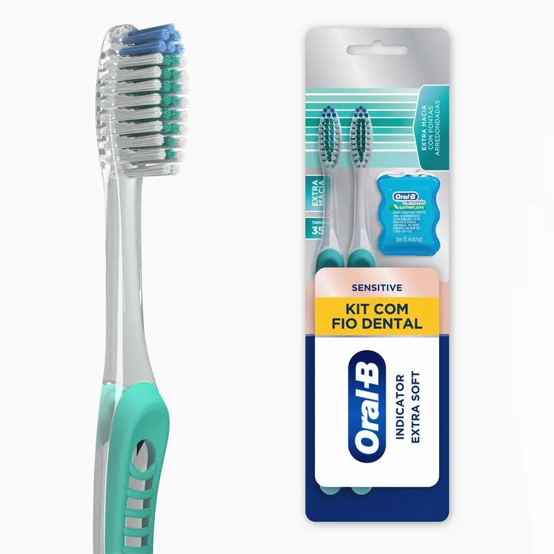 Kit Escova Dental Oral-B Sensitive Indicator Extra Macia 2 Unidades + Fio Dental Oral-B Satin Floss 1 Unidade
