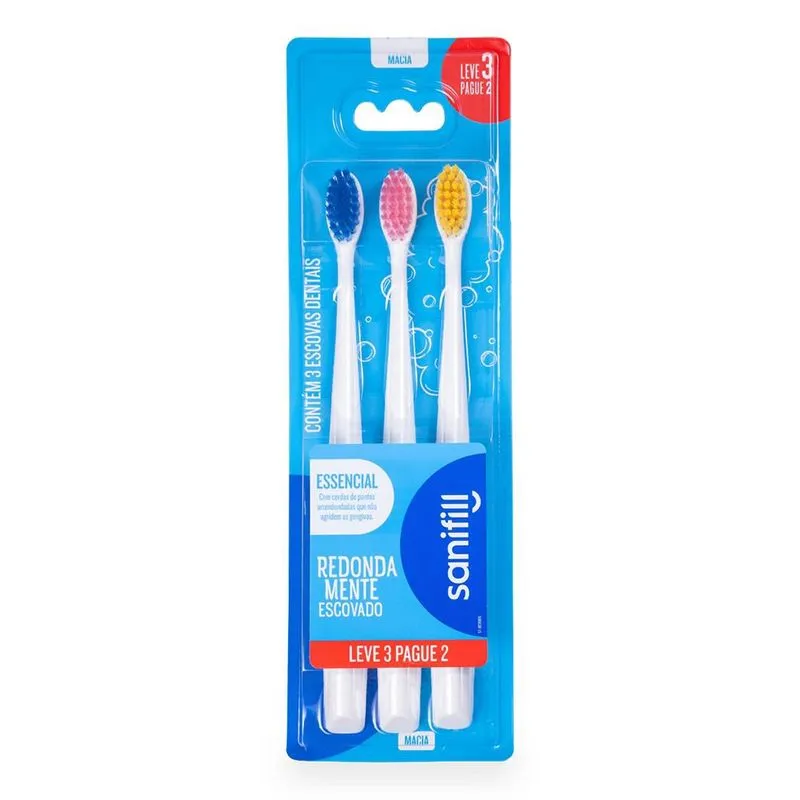 Escova Dental Sanifill Essencial Cerdas Macia Cores Sortidas 3 Unidades
