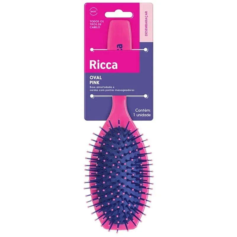 Escova de Cabelo Ricca 2427 Oval Pink Almofadada Cerdas Nylon Plástico 1 Unidade