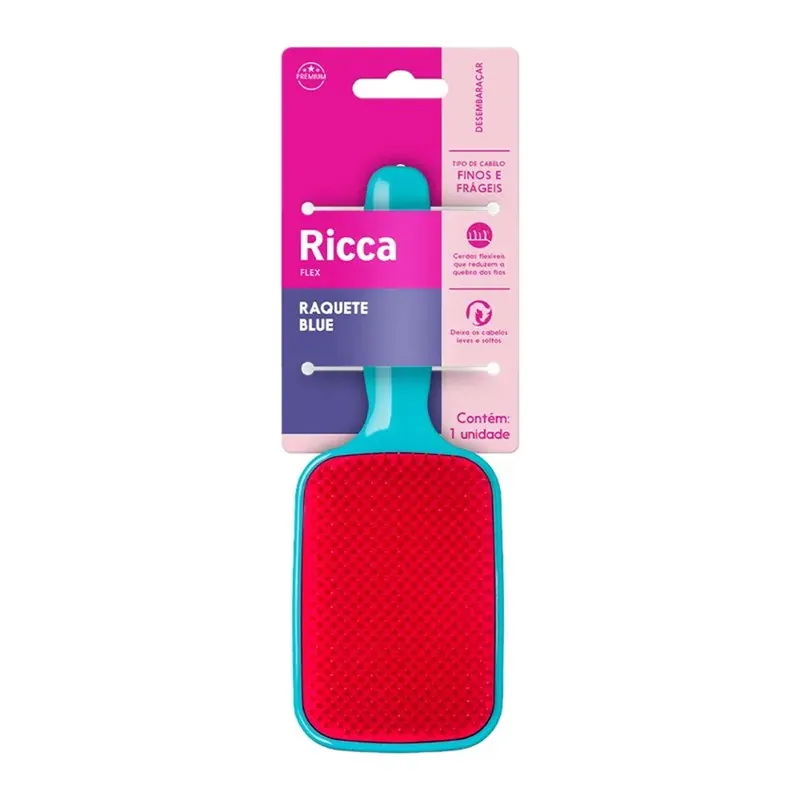 Escova de Cabelo Ricca 451 Flex Blue Raquete Almofadada Cerdas Flexíveis Azul 1 Unidade