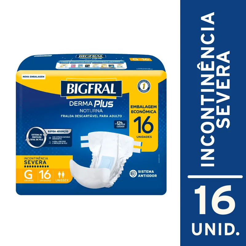 Fralda Geriátrica Descartável Bigfral Derma Plus Noturna Incontinência Urinária Severa G 16 Unidades