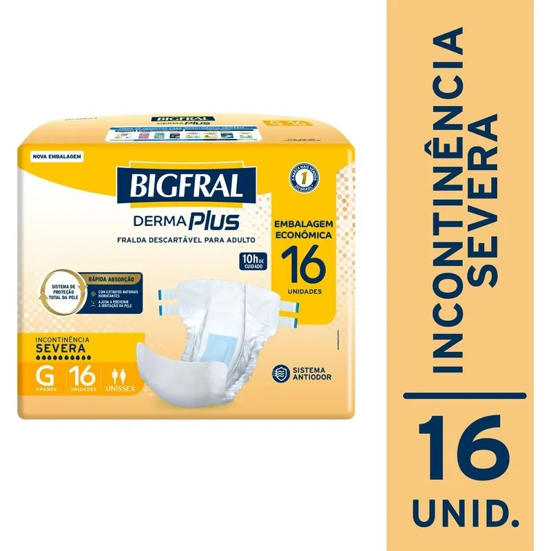 Fralda Geriátrica Descartável Bigfral Derma Plus Incontinência Urinária Severa G 16 Unidades