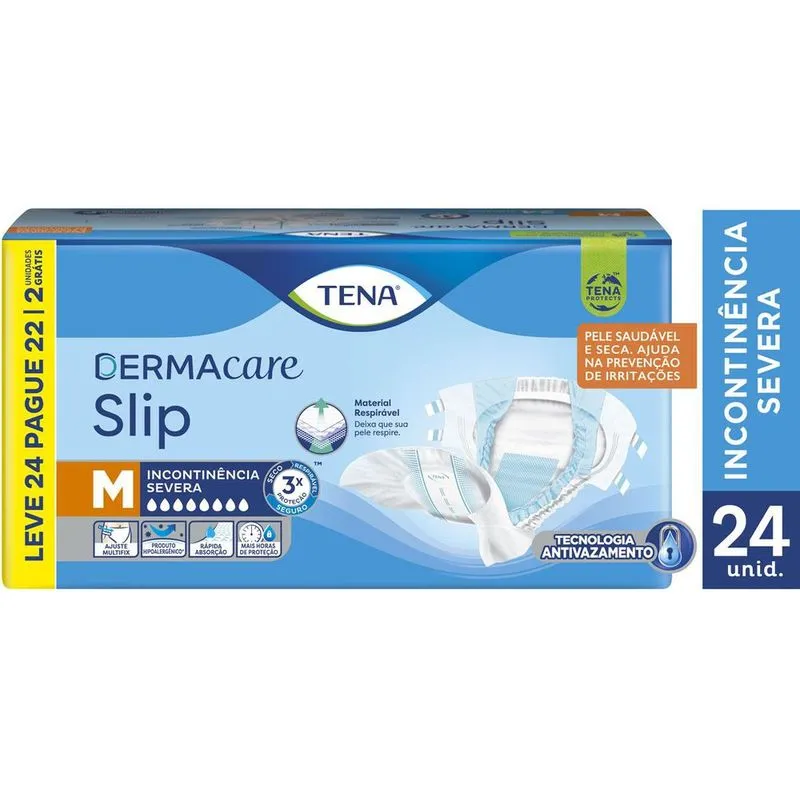 Fralda Geriátrica Descartável Tena Dermacare Slip Incontinência Urinária Severa M 24 Unidades