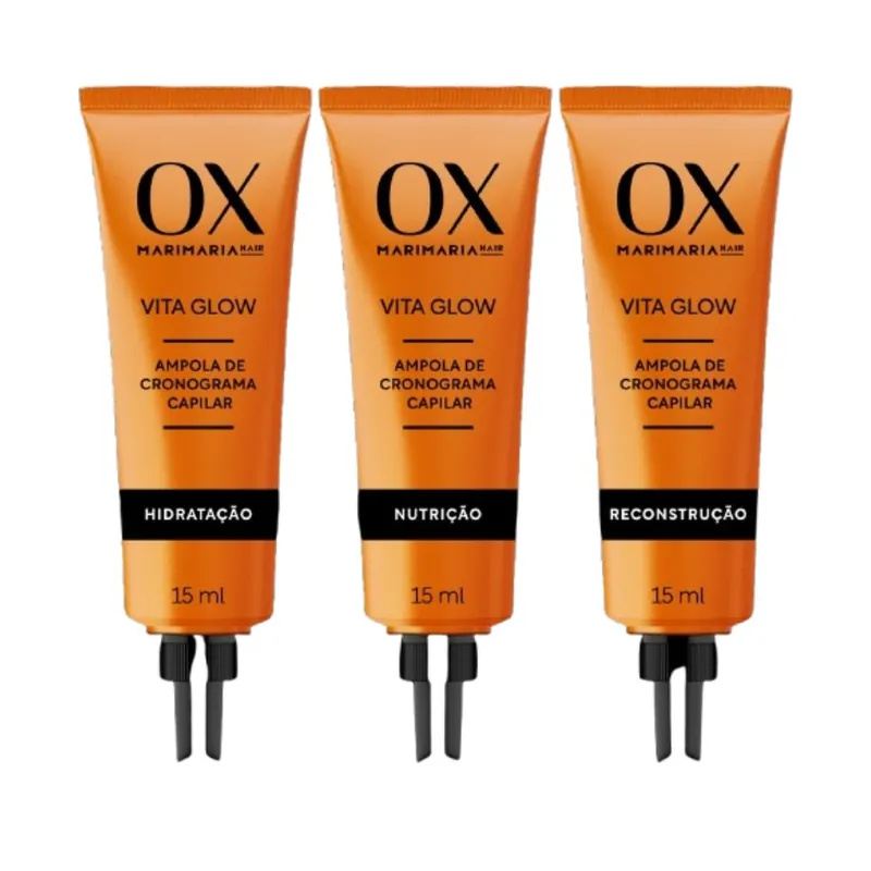 Kit Ampola de Tratamento Capilar OX By Mari Maria Vita Glow Cronograma Capilar Hidratação Nutrição Reconstrução 15ml 3 Unidades