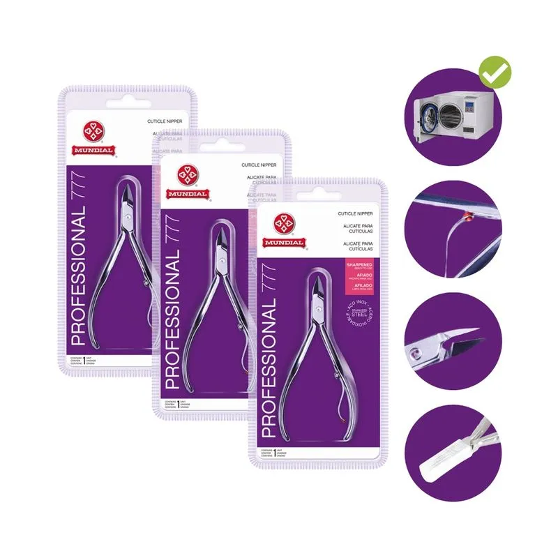 Kit c/ 3 unidades Alicate Cutícula Pro-Inox Mundial Prateado Manicure