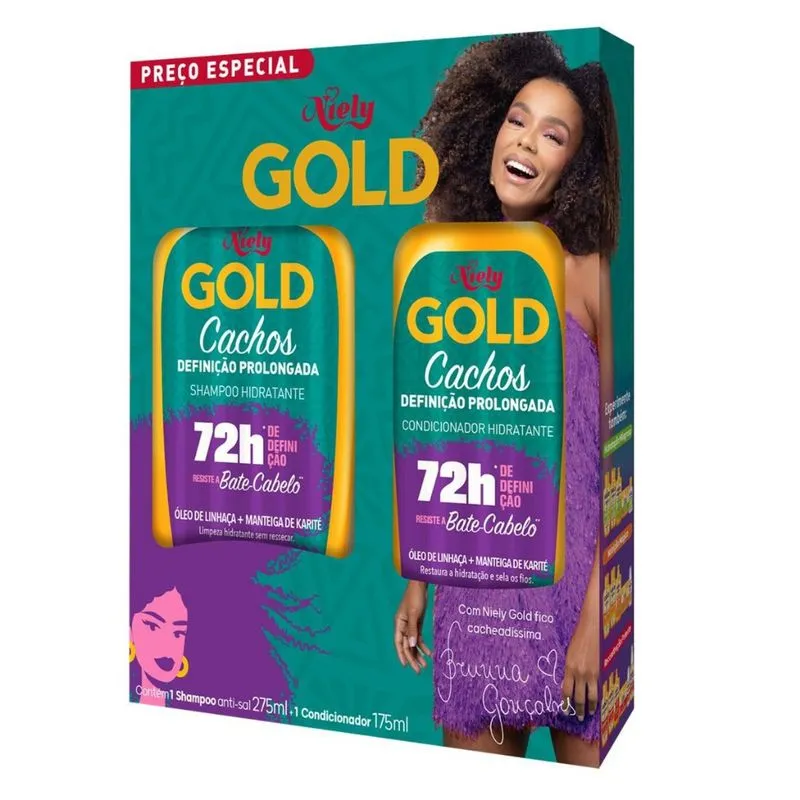 Kit Cachos Definição Prolongada 72h - Shampoo 275ml e Condicionador 175ml Niely Gold