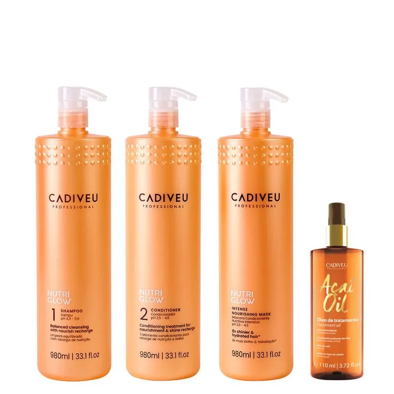 Kit Cadiveu Nutri Glow - Shampoo 980ml + Condicionador 980ml + Máscara 980ml + Óleo 110ml