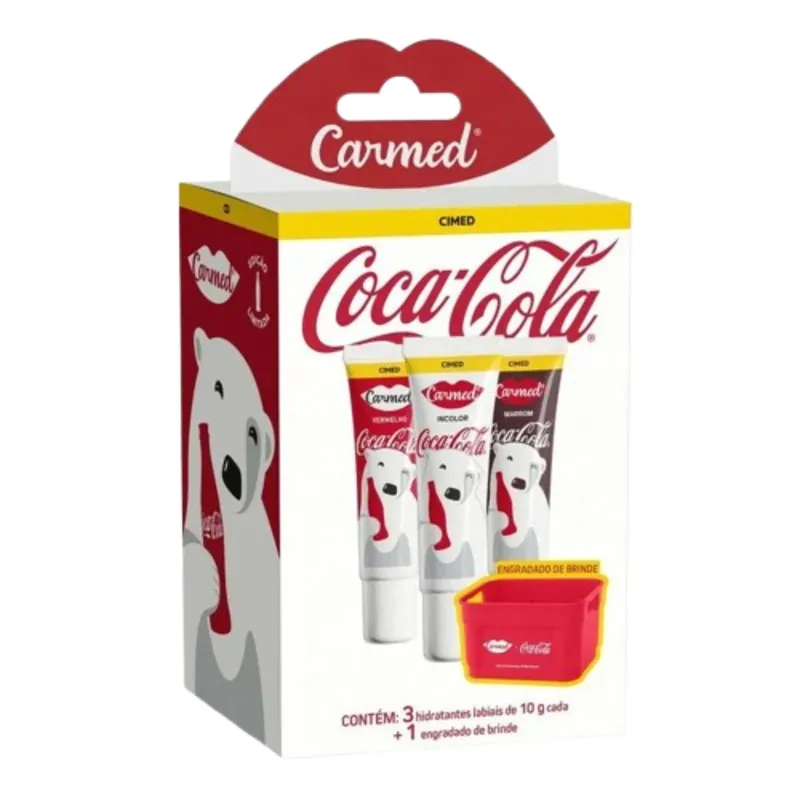 Kit Carmed Hidratante Labial Coca Cola Marrom 1 Uni + Incolor 1 Uni + Vermelho 1 Uni 10g Cada + Engradado Brinde