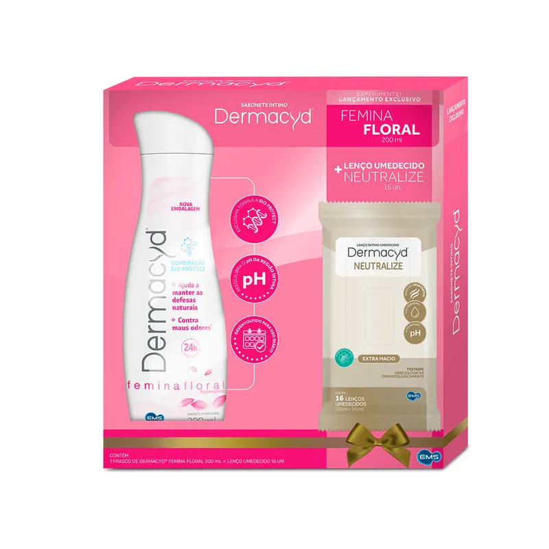 Kit Dermacyd Sabonete Intimo Femina Floral 200ml + Lenço Extra Macio16 Unidades
