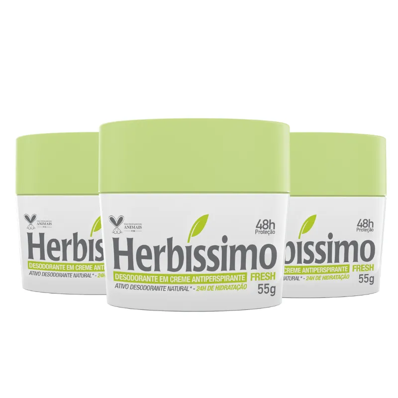 Kit Desodorante Creme Antitranspirante Fresh Herbíssimo 55G - 3 unidades
