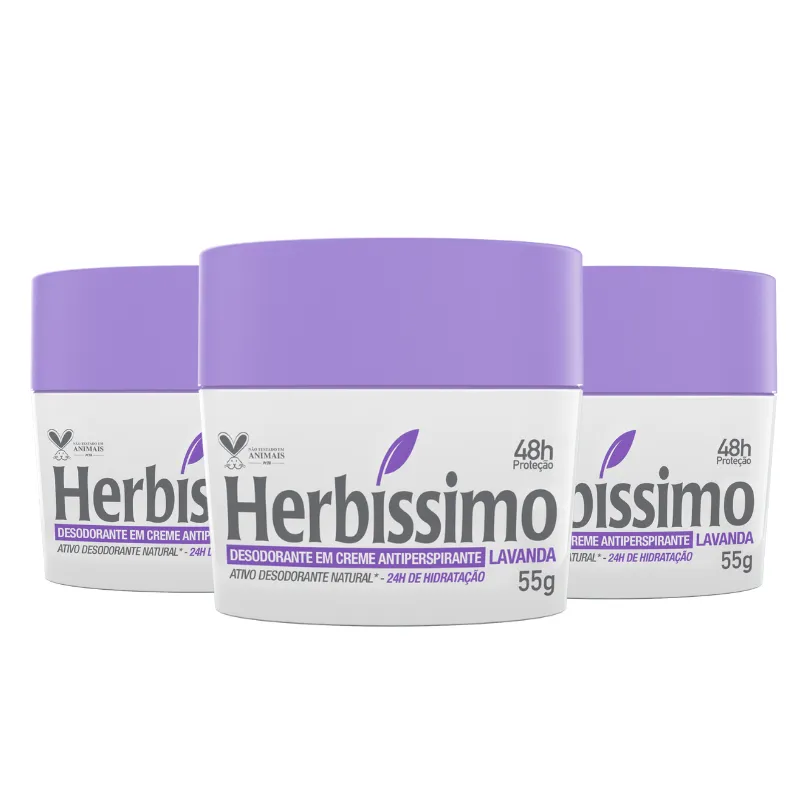 Kit Desodorante Creme Antitranspirante Lavanda Herbíssimo 55G - 3 unidades