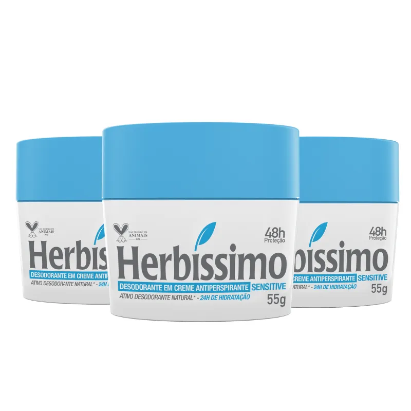 Kit Desodorante Creme Antitranspirante Sensitive Herbíssimo 55G - 3 unidades