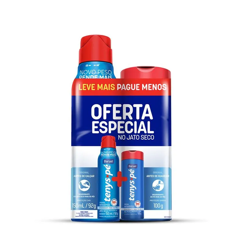 Kit Desodorante para Pés Tenys Pé Original Jato Seco Aerossol 150ml 1 Unidade + Desodorante para Pés Tenys Pé Original Pó 100g 1 Unidade