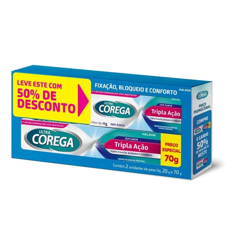 Kit Fixador De Dentadura Ultra Corega Sem Sabor Tripla Ação 70g + 20g Grátis 50% De Desconto No De 20g