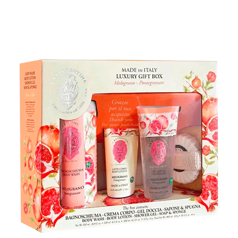 Kit Florentina Spa Pomegranate - Sabonete Liquido 500ml + Shower Gel 200ml + Body Lotion 200ml + Sabonete 115g + Esponja de Banho