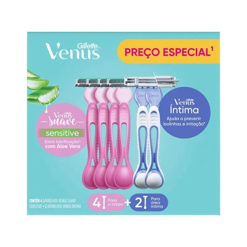 Kit Aparelho de Depilação Descartável Gillette Venus Íntima 2 Unidades + Aparelho de Depilação Descartável Gillette Venus Suave Sensitive 4 Unidades