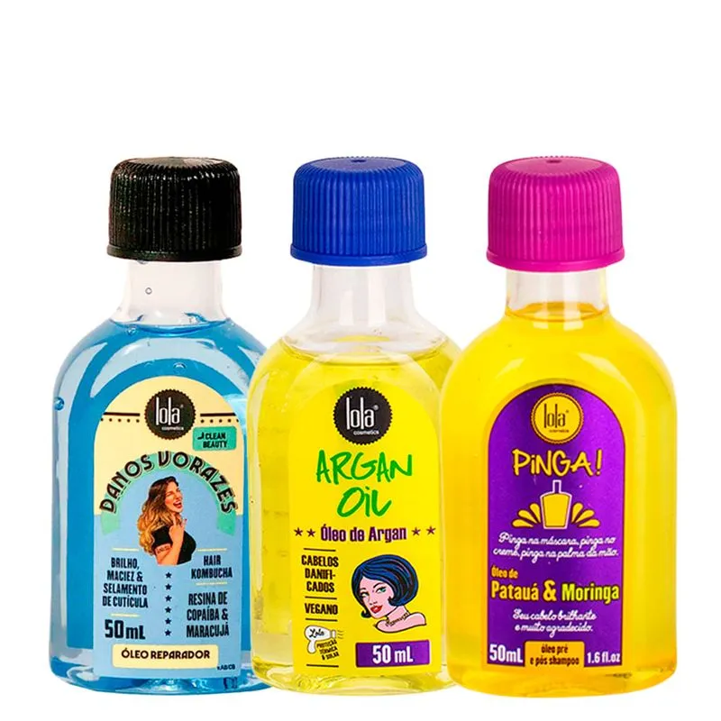 Kit Lola From Rio - Óleo Danos Vorazes 50ml + Leave-In Argan Oil 50ml + Óleo Pinga! Patauá & Moringa 50ml