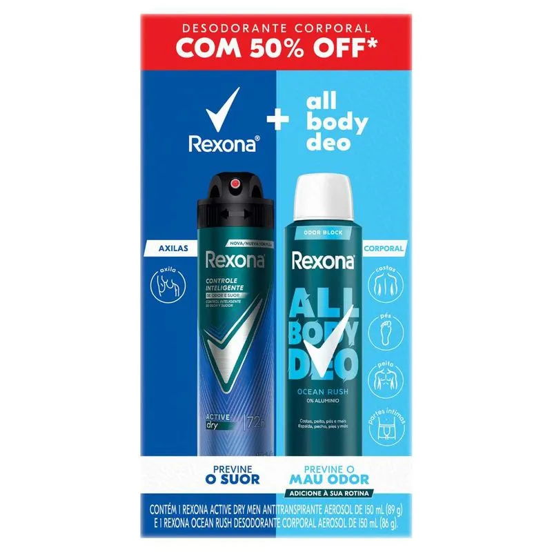 Kit Rexona Desodorante Antitranspirante Active Dry Aerossol 150ml + Desodorante Antitranspirante All Body Ocean Rush Aerosol 150ml