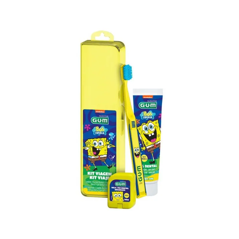 Kit Viagem Bob Esponja Escova Dental Infantil GUM Macia 1 Uni + 1 Fio Dental  Sabor Menta 20m 1 Uni + 1 Gel Dental Flúor Sabor Menta 50g 1 Uni