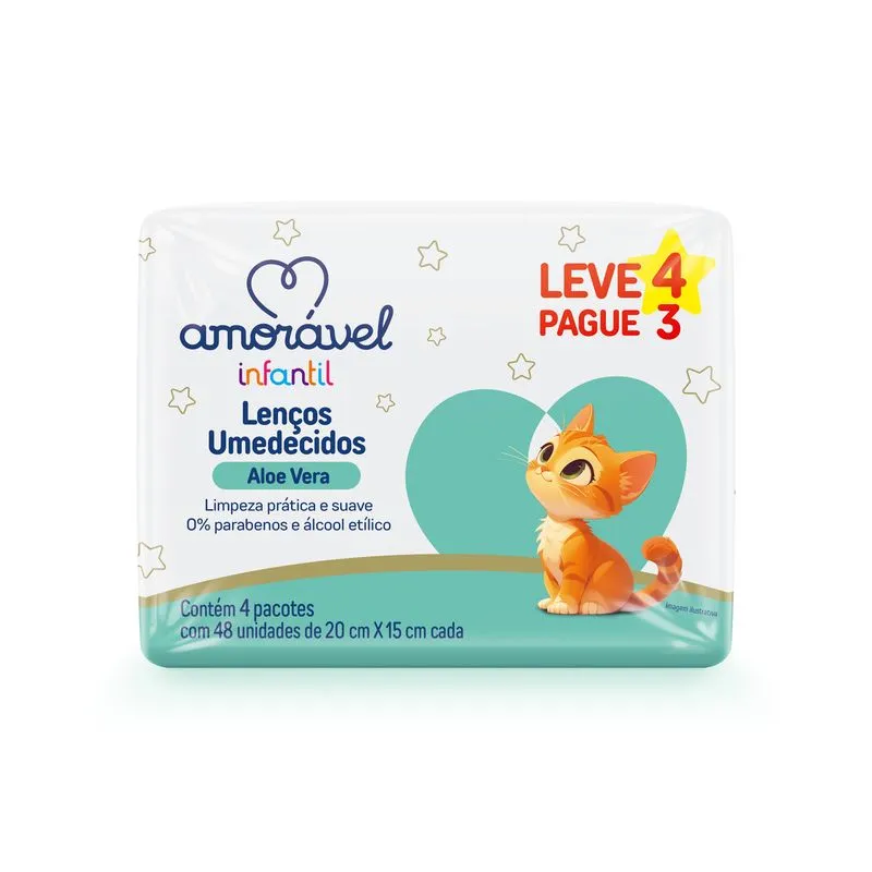 Lenços Umedecidos Amorável Aloe E Vera Com 192 Unidades Leve 4 Pague 3