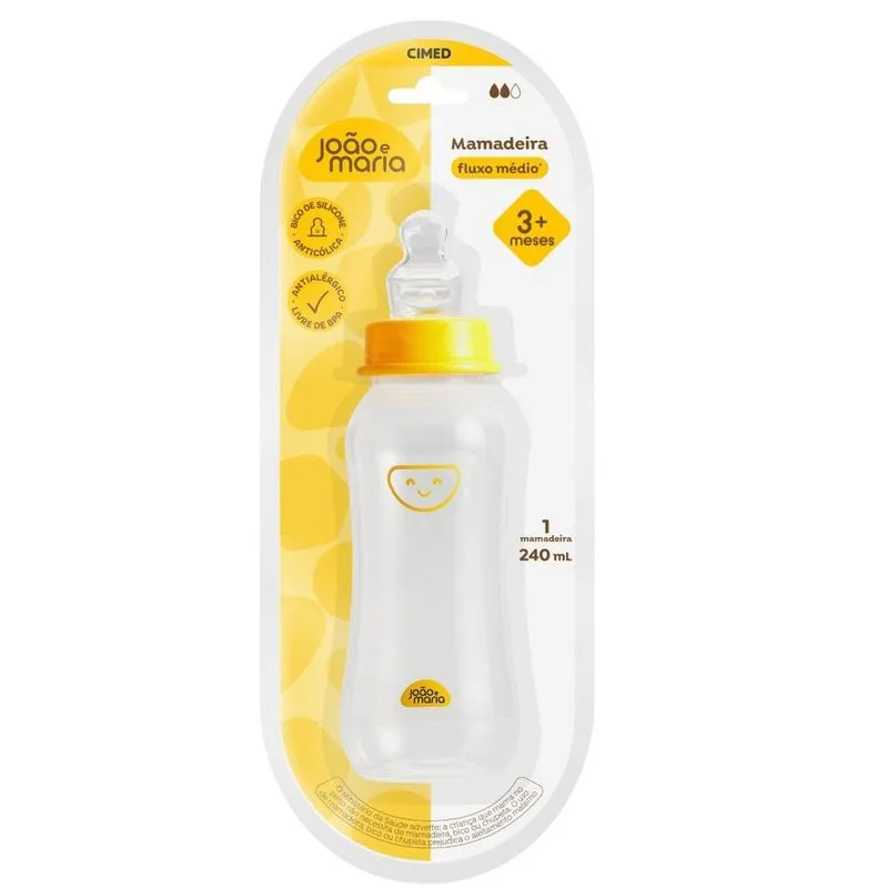 Mamadeira João e Maria Bico Ortodôntico Silicone Amarelo 240ml 1 Unidade