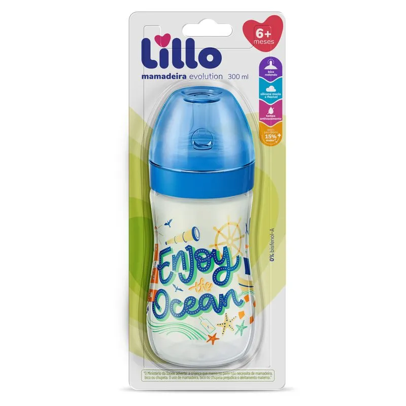 Mamadeira Lillo Super Evolution Bico Redondo Antivazamento Sem BPA +6 meses Azul 300ml 1 Unidade