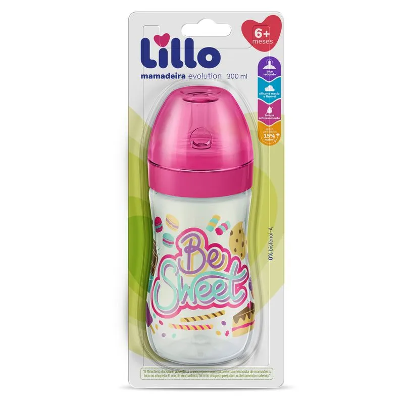Mamadeira Lillo Super Evolution Bico Redondo Antivazamento Sem BPA +6 meses Rosa 300ml 1 Unidade