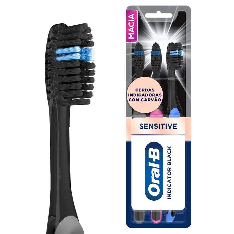 Escova Dental Oral-B Sesitive Indicador Black Carvão Cerdas Extra Macia 3 Unidades