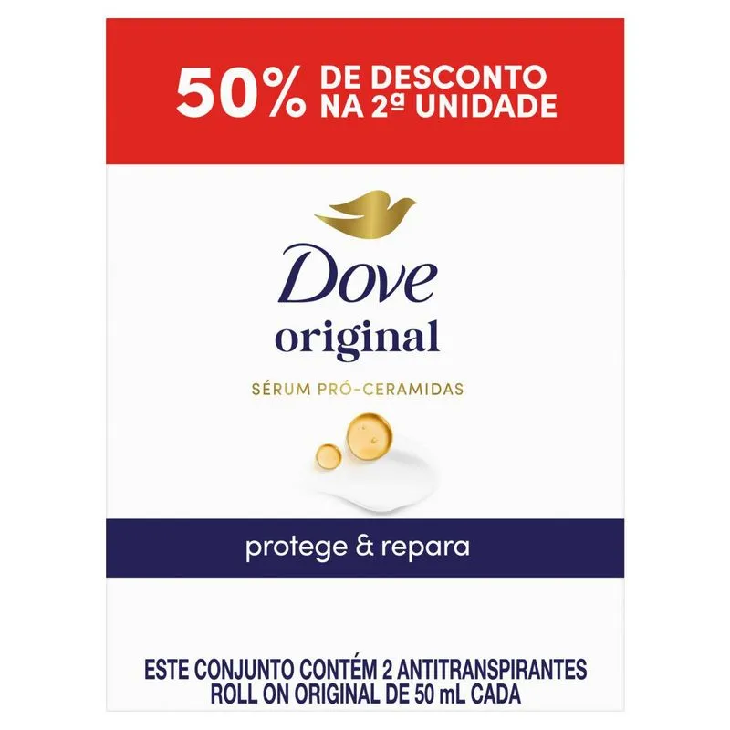Pack Antitranspirante Roll-On Original Sérum Pró-Ceramidas 72h Dove 2 Unidades De 50ml Cada Grátis 50% De Desconto Na 2ª Unidade
